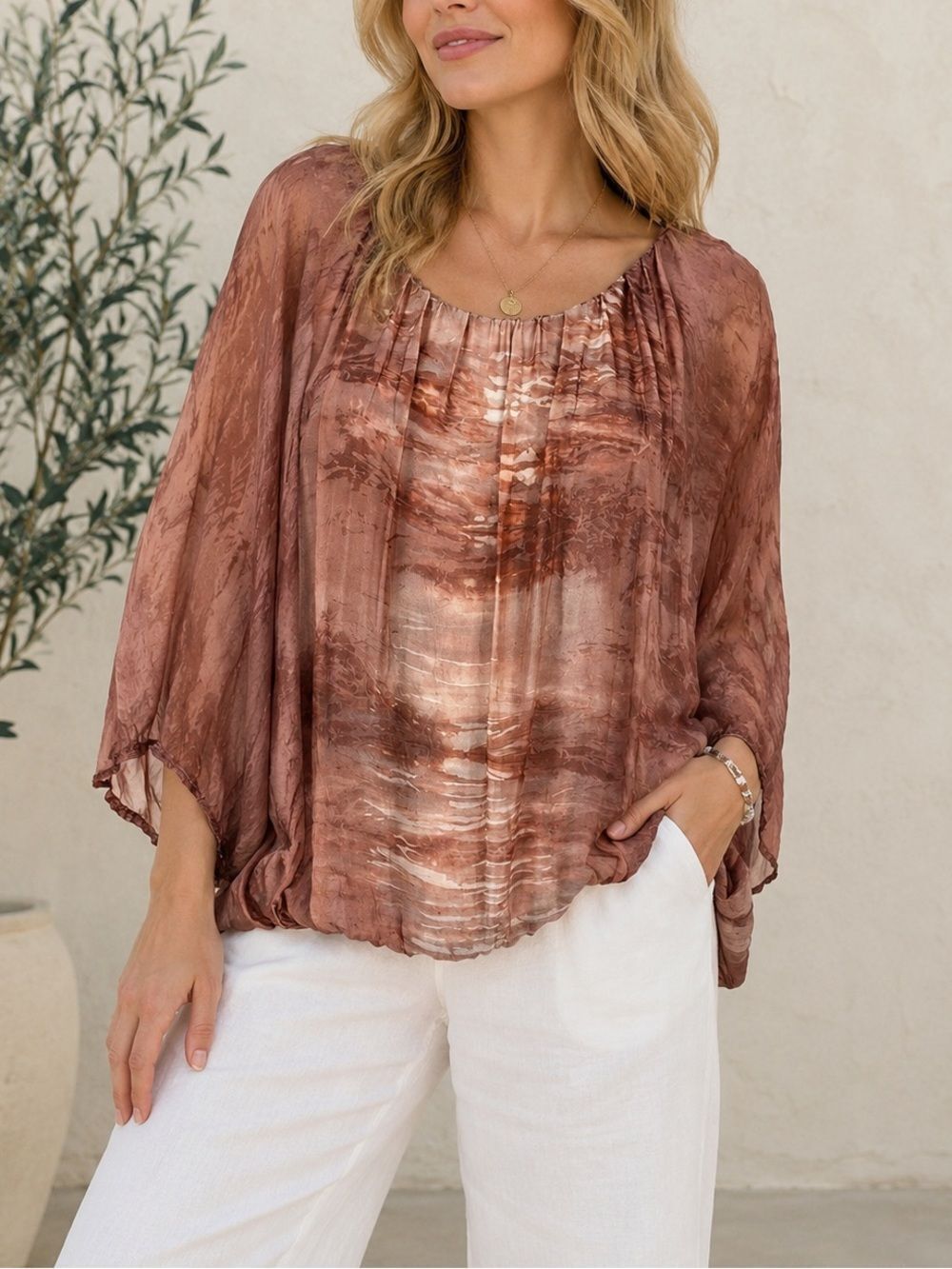 Scandal Tie Dye Brown Brick And Cream Color Sheer Sleeve Top Blouse Size M